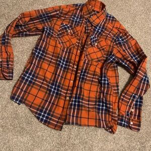 Akademiks Orange and Blue Plaid Casual Button Down Shirt